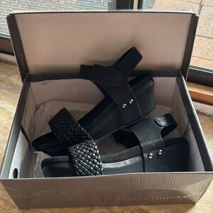 New (in box) Pierre Dumas Women's Black Braided band Wedge low heel Sandals  8